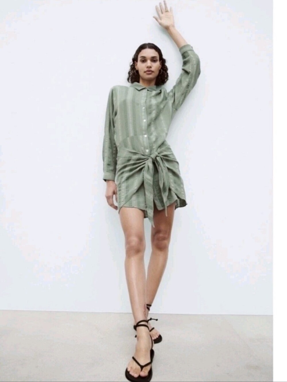 Zara Striped Sage Green Tie-Waist Mini Shirt Dress